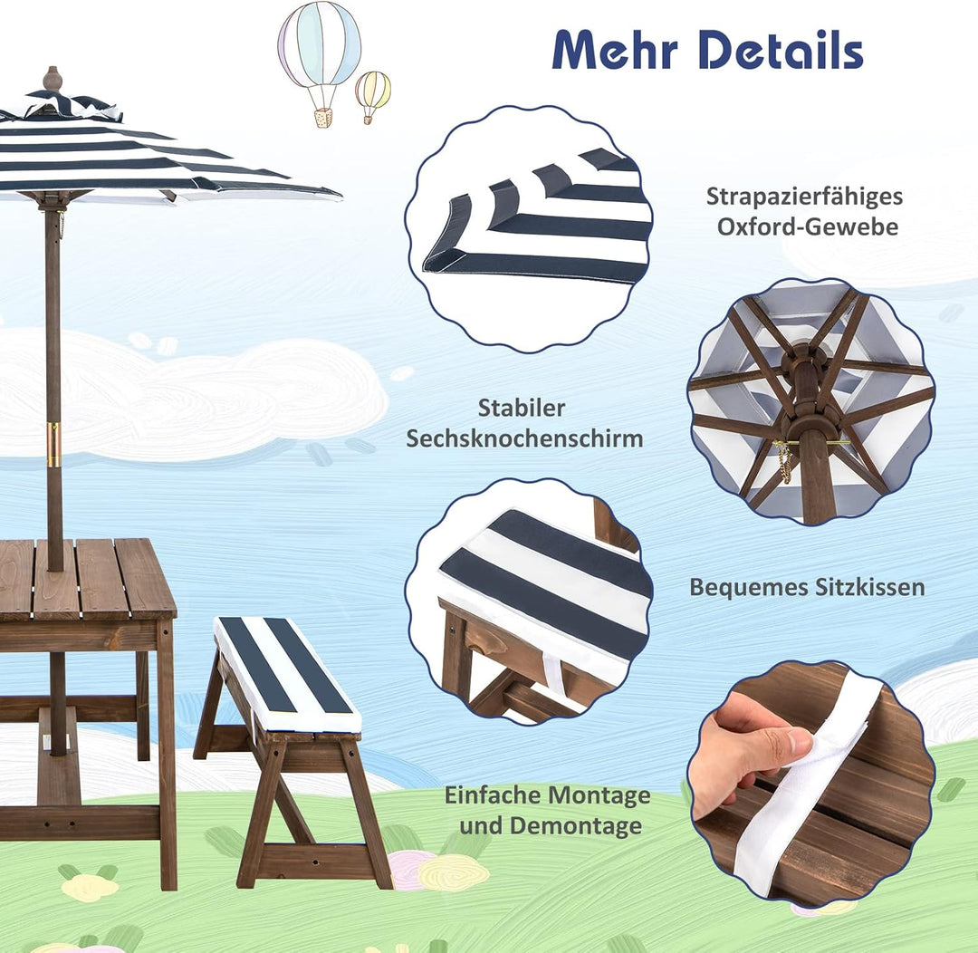 GOPLUS Kindermöbelset, Gartentischset mit 2 Bänken, 3-Fach Höhenverstellbarer Sonnenschirm, Tannenho