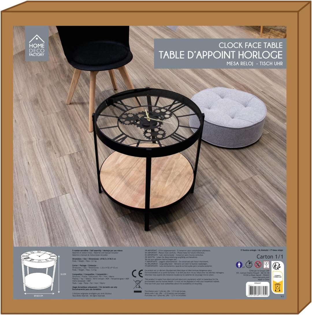 HOME DECO FACTORY Uhr Beistelltisch, 50.5cm x 50.5cm x 49cm One Size Schwarz / Transparent, One Size