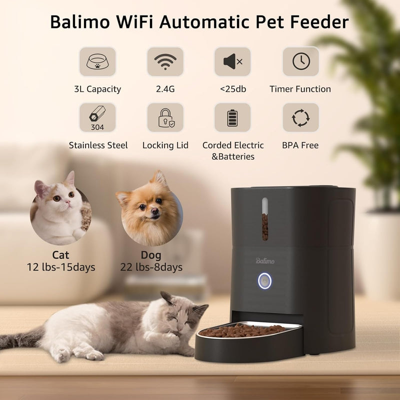 Balimo Futterautomat Katze, 3L Katzenfutter Automat, 2.4G WiFi Futterspender Katze, 1-10 Mahlzeiten,