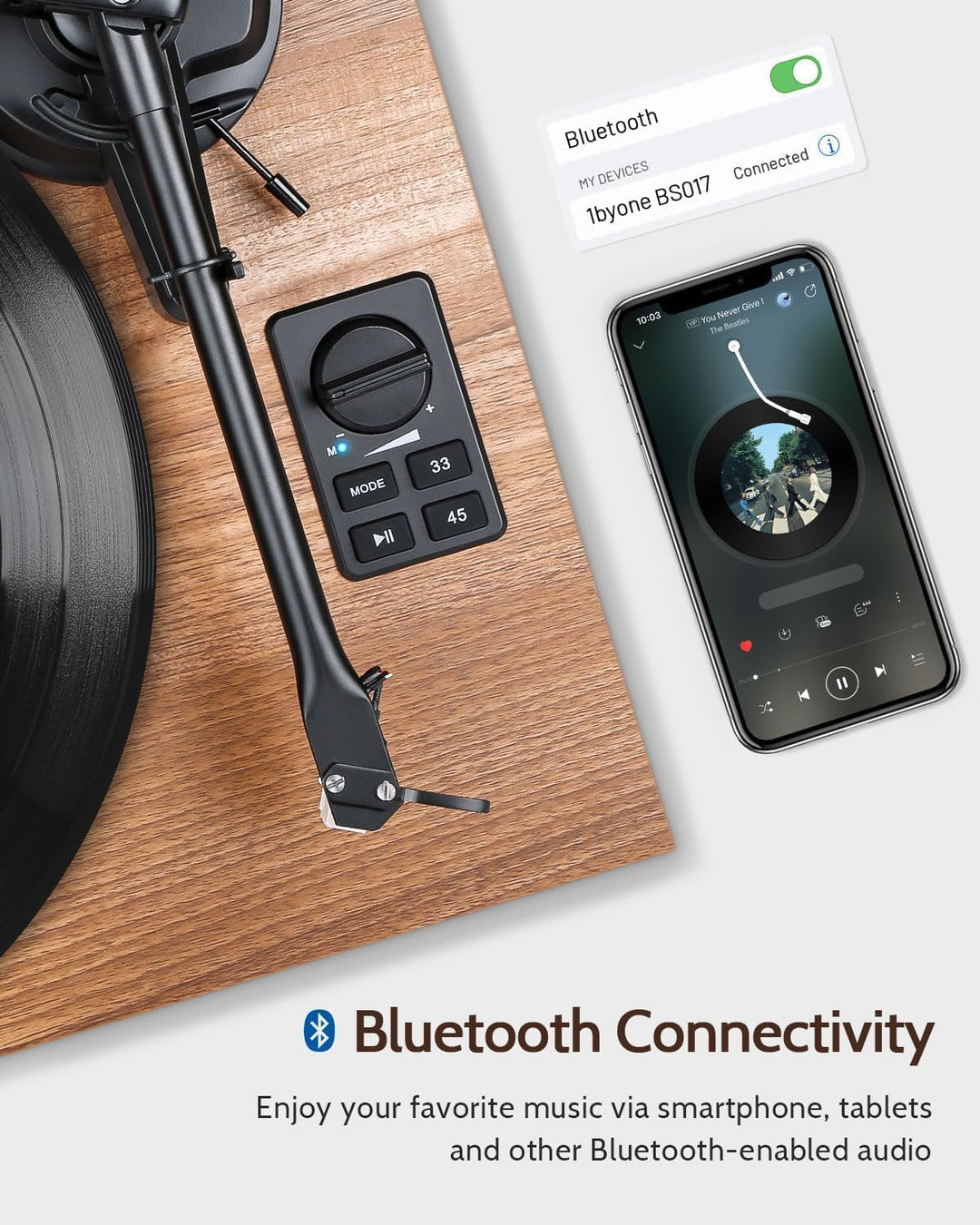 1 BY ONE HiFi Bluetooth Plattenspieler mit USB-Anschluss MM System 33/45 U/min Auto-Stopp und Phono-