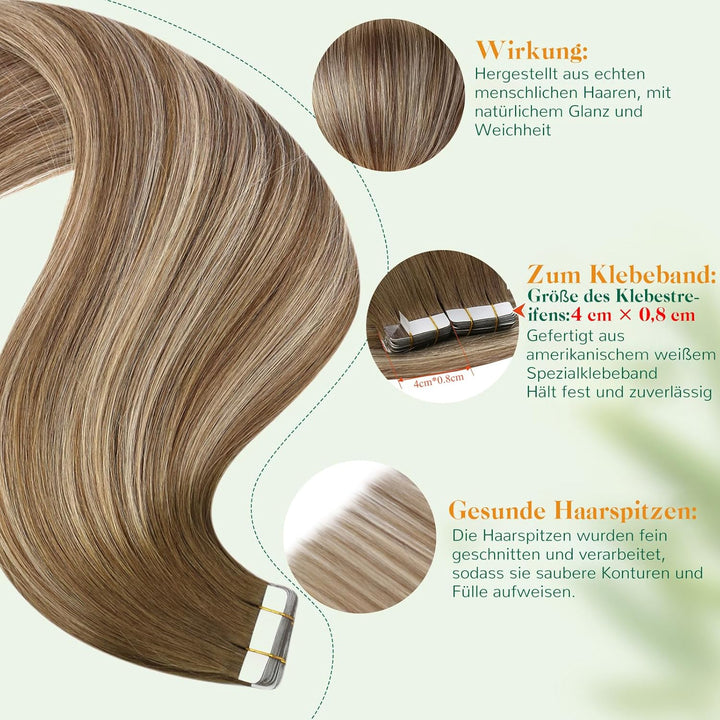 Easyouth Tape on Extension Echthaar Haarverlangerung Tape in Echthaar Farbe Darker Brown Mix Mittelb