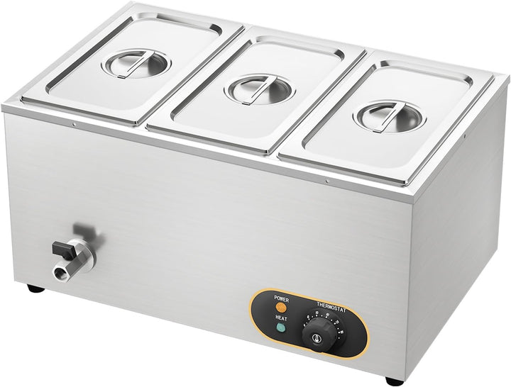 MOOTACO Bain Marie Speisenwärmer Wasserbad Gastro GN-Behältern 1/3 * 3 Warmhalter Edelstahl mit Abla