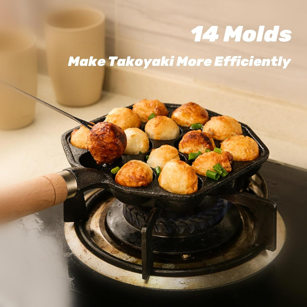 Topyond Takoyaki Pfanne,14 Löcher 3.8cm Loch Antihaft Pan Gusseisen mit Abnehmbarem Griff,Takoyaki M