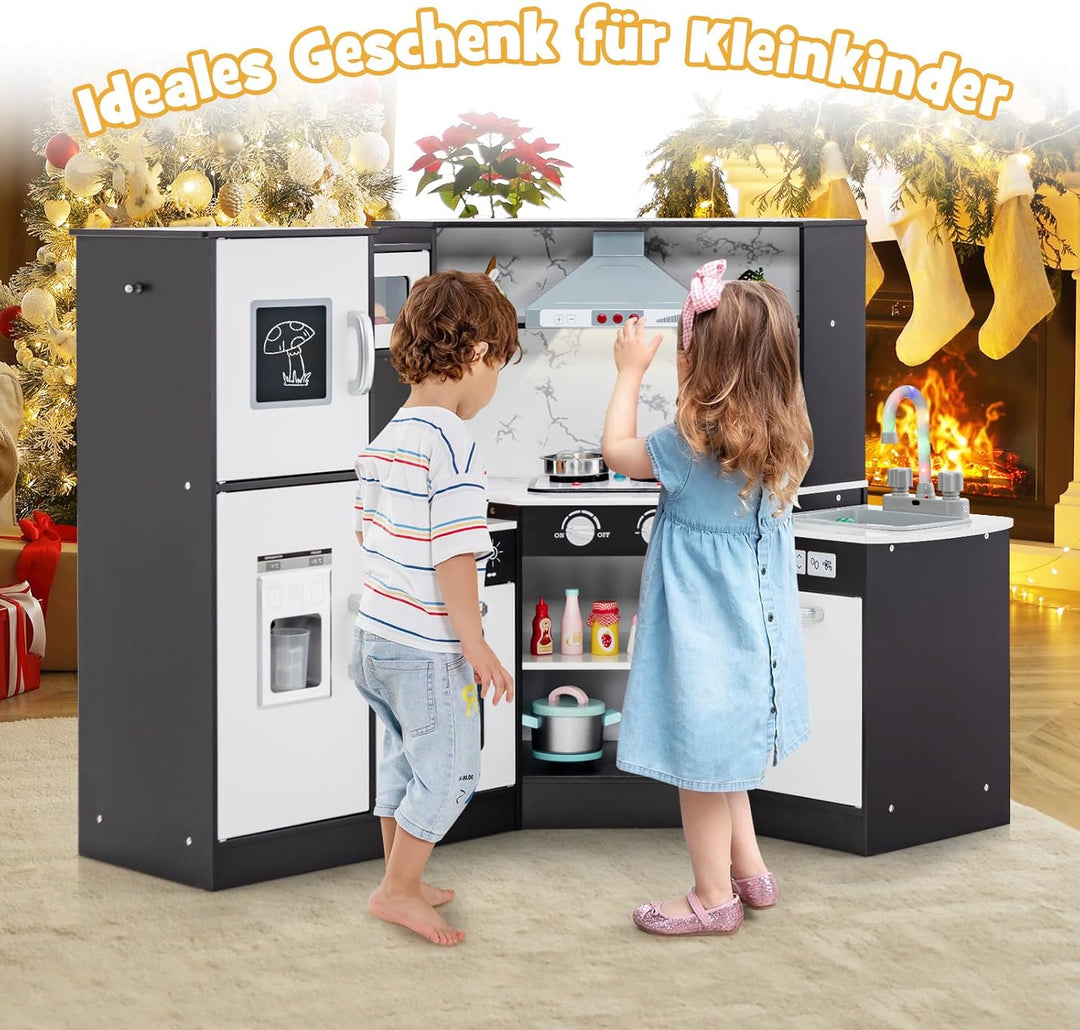 COSTWAY Kinderküche Holz, Spielküche Eck mit Licht und Sound, Holzküche mit Tafel & Spüle & Ofen, in