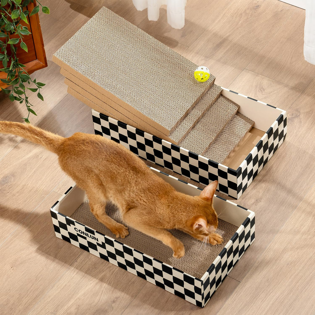 Conlun Katzenkratzbox mit 4 Kratzbretter Katze & 2 Separaten Katzen Kartons & 1 Katzenball, 2-in-1 K