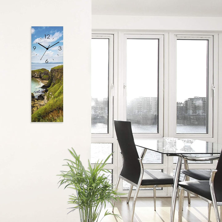 ARTLAND Wanduhr ohne Tickgeräusche Glas Funkuhr 20x60 cm Rechteckig Lautlos Strand Küste Meer Felsen