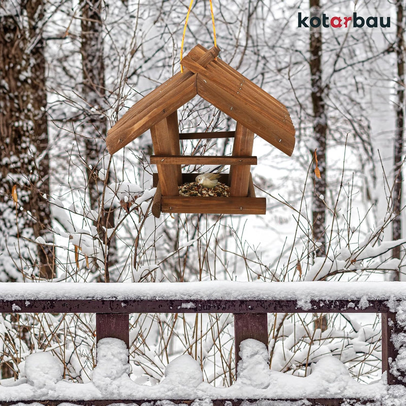 KOTARBAU® Holz Vogelfutterhaus Klein aus Natürlichem Holz Dunkelbraun zum Aufhängen + 0,5 kg Futter