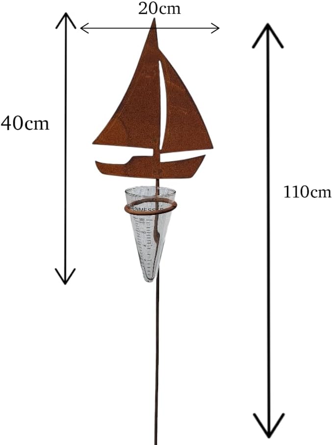 Bornhöft Edelrost Gartenstecker Schiff mit Glas-Regenmesser, Metall, 110 cm, Wetterfest, Garten-Deko