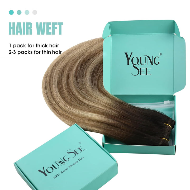 YoungSee Tressen Echthaar Balayage Echthaar Tressen zum Einnahen Braun Balayage Blond Weave Extensio