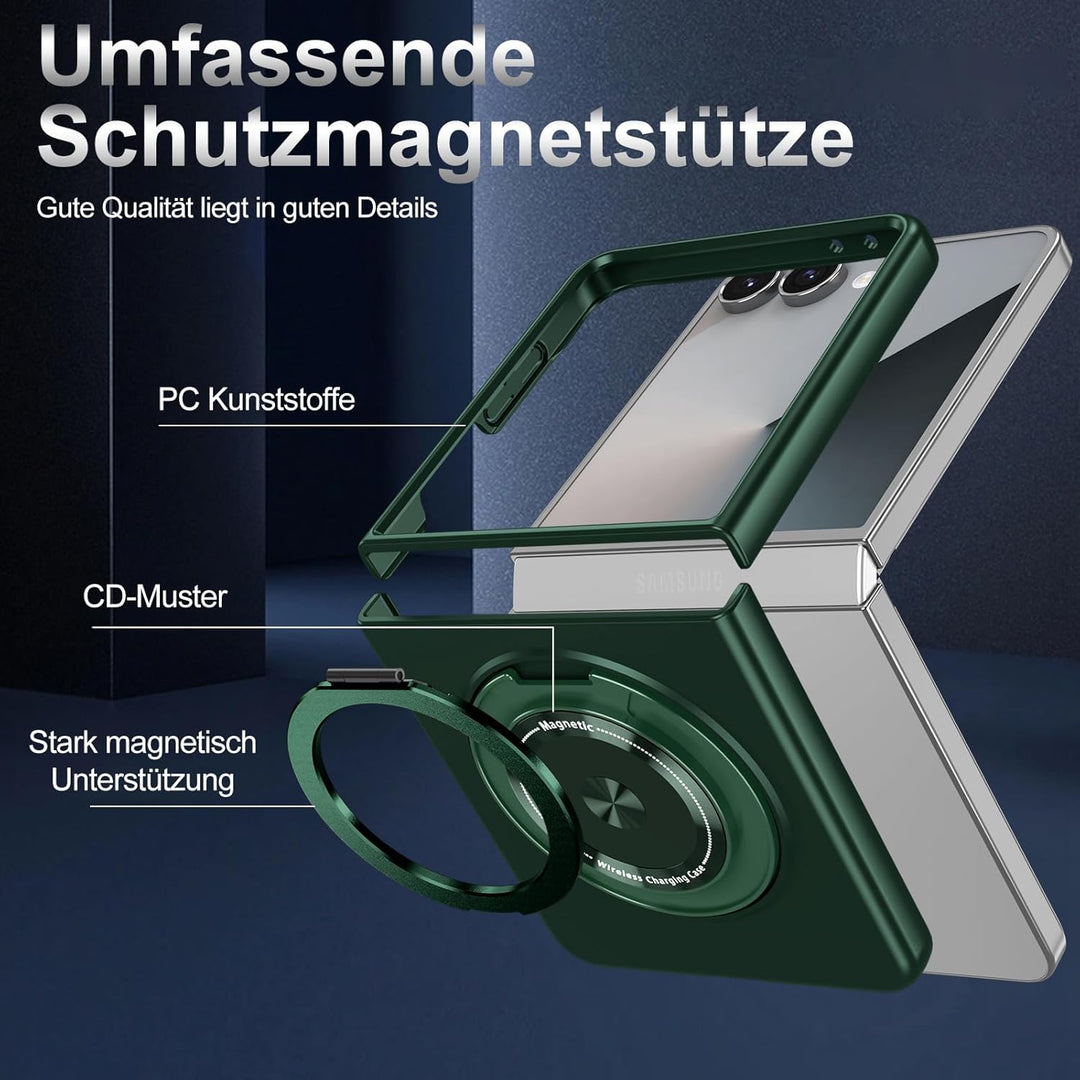 Handyhülle für Samsung Galaxy Z Flip 7 Hülle mit Schutzfolie, 360 Grad Magnetisch Metall Ring Stände