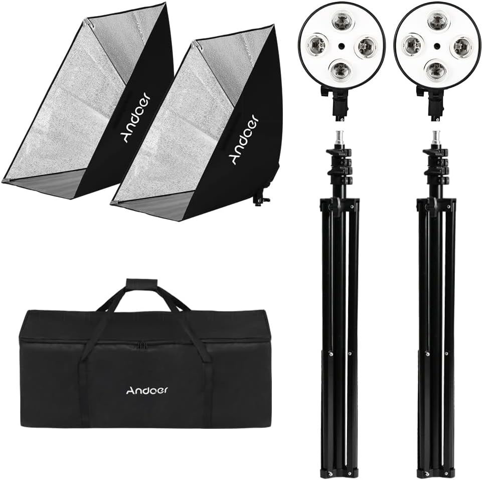 Andoer Softbox LED Set - Fotostudio mit 2 Softbox 50 x 70 cm, 2 4-in-1 Lampenfassungen, 2 Lichthalte