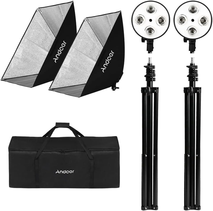 Andoer Softbox LED Set - Fotostudio mit 2 Softbox 50 x 70 cm, 2 4-in-1 Lampenfassungen, 2 Lichthalte
