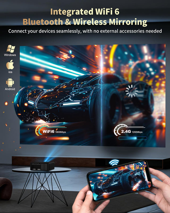 Projektor, Dess 4K-Projektor mit WLAN und Bluetooth, 1080 P nativ, Laser mit Autofokus-Keystone, für