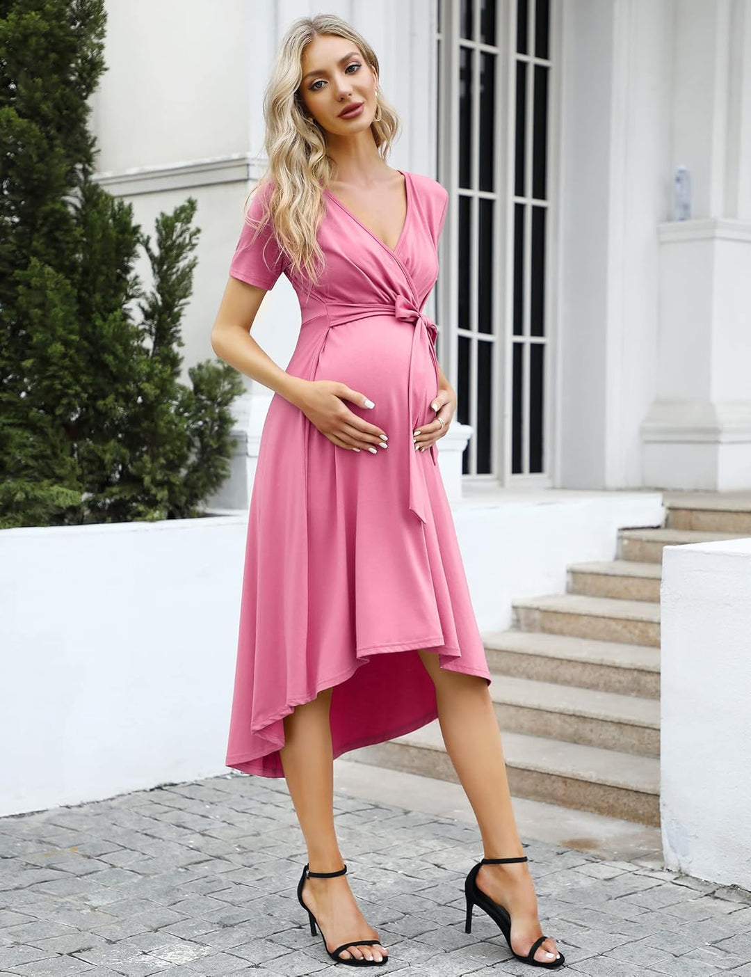 KOJOOIN Damen Umstandskleid Festlich Stillkleid V-Ausschnitt Kurzarm Schwangerschaftskleid mit Taill