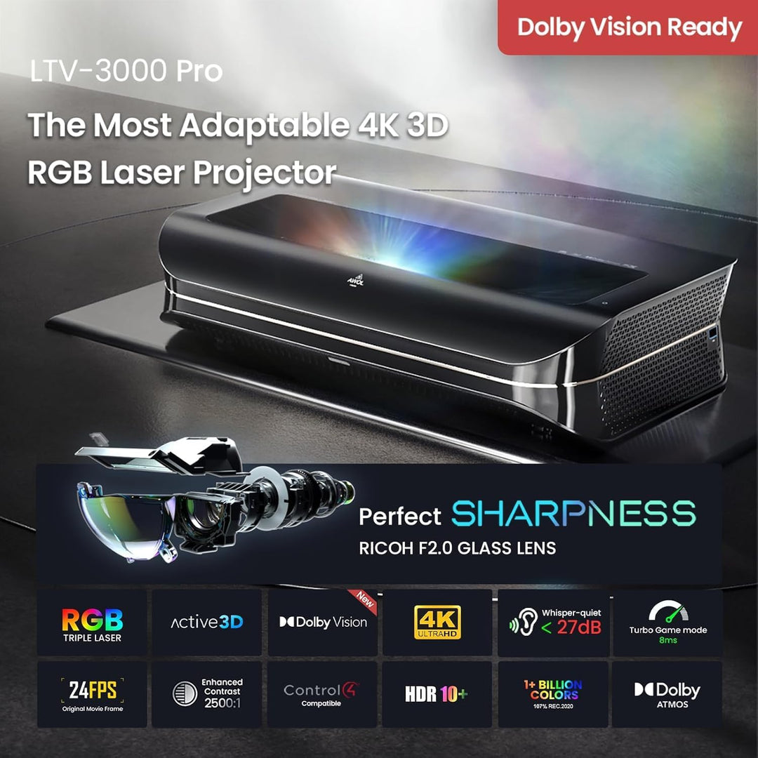 AWOL VISION LTV-3000 Pro 4K 3D Kurzdistanz Beamer 4k Laser, 3000 Lumen mit Dolby Vision & Atmos, HDR
