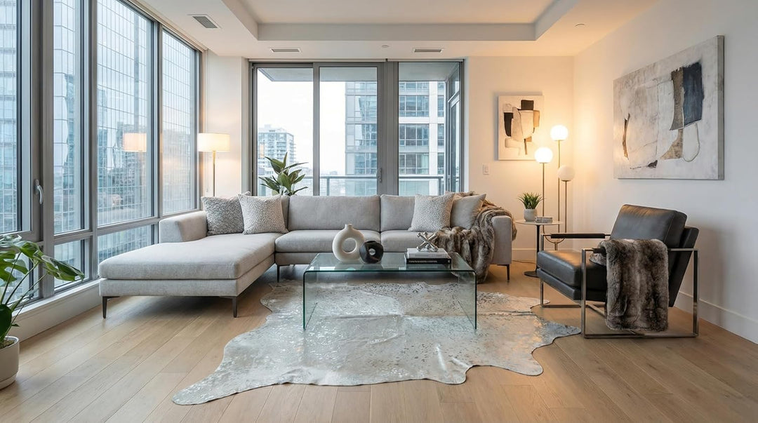 generisch Premium Kuhfell Stierfell Fell Teppich Silber Devore grau Metallic Effekt ca. 230 x 200 cm