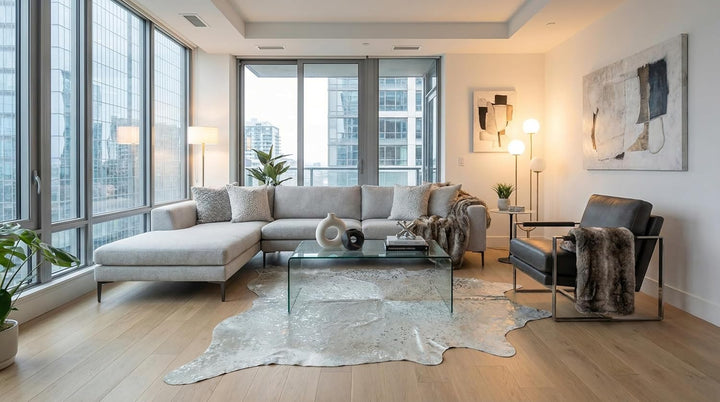 generisch Premium Kuhfell Stierfell Fell Teppich Silber Devore grau Metallic Effekt ca. 230 x 200 cm
