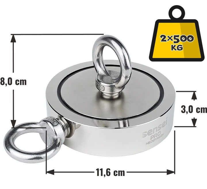 SENSEI Set 500 kg, Doppelseitiger N52 Neodym-Magnet mit 2 Ösen, Ø11,6 x H3 cm, Segelseil 25 m, Schut