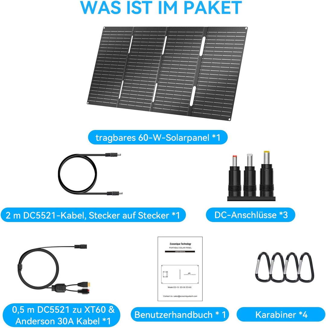 Ecosonique 60W Tragbares Solarpanel Faltbares Solarmodul schnelles Aufladen mit USB-C PD3.0 USB-A QC
