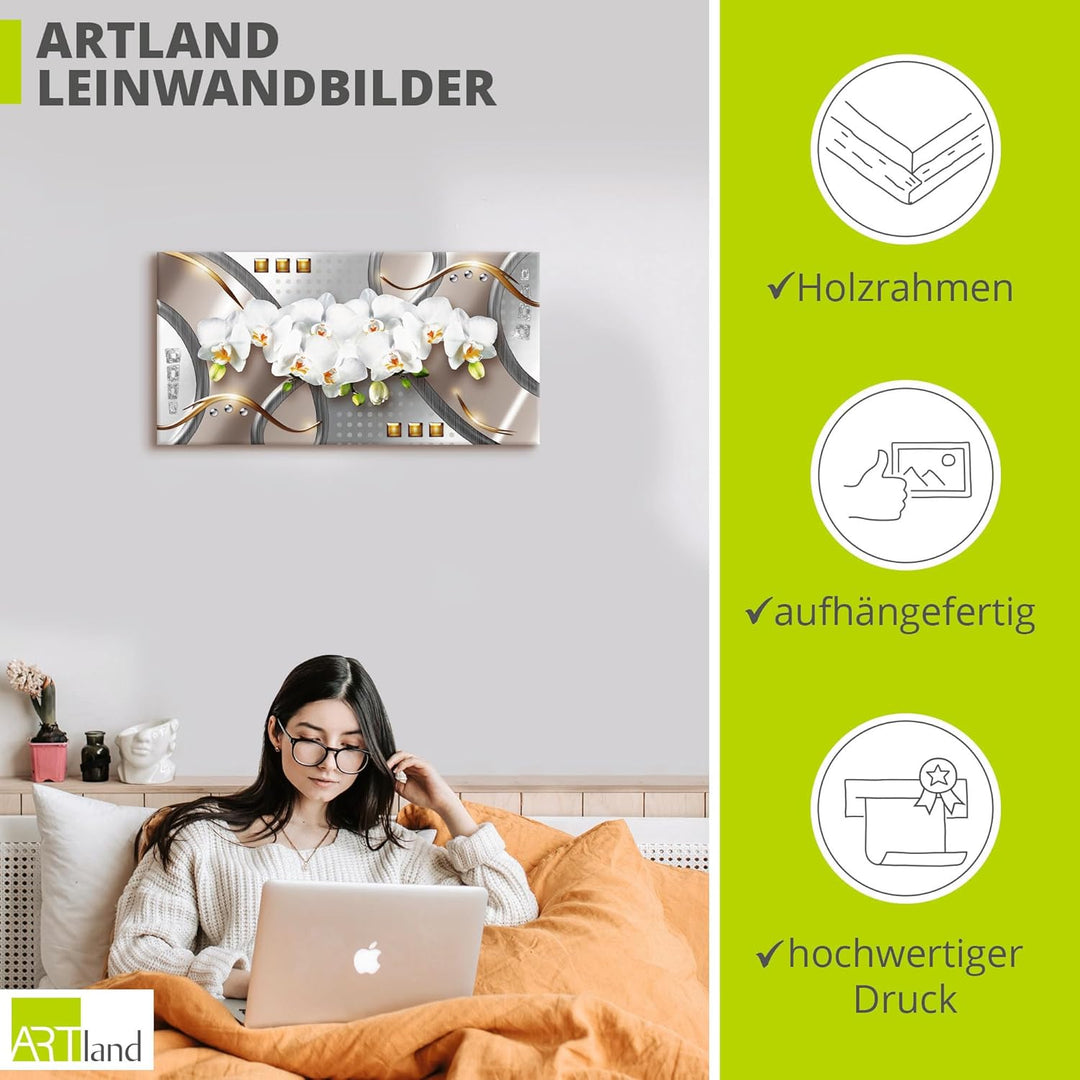 ARTland Wandbild selbstklebende Vinylfolie 60 x 30 cm Blumen Orchidee Digitale Kunst Weiss B3VZ silb