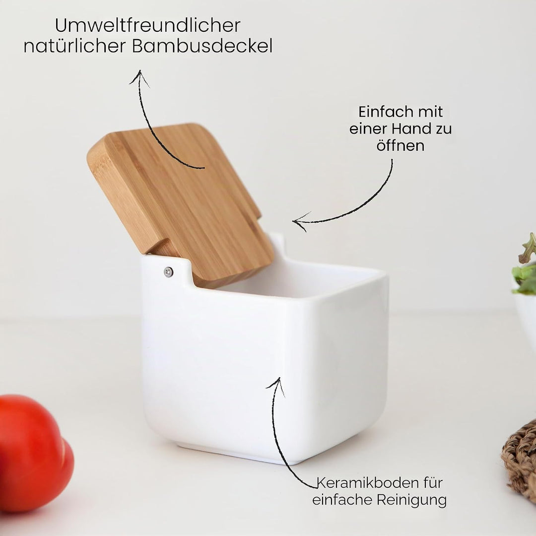 Set Salzdose und Zuckerdose - Keramik mit deckels aus umweltfreundlichem Bambus - Praktischer behält