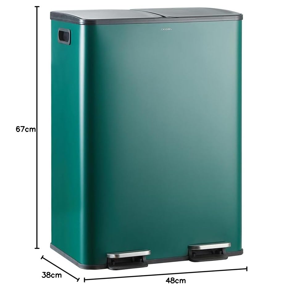 CASABEL Mülleimer Küche Mülltrennung 60L – 2x30L Doppelkammer mit Pedal, Edelstahl Dunkelgrün, Abfal