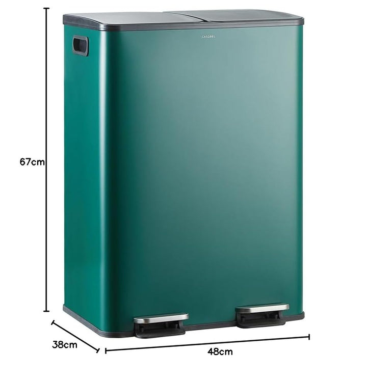 CASABEL Mülleimer Küche Mülltrennung 60L – 2x30L Doppelkammer mit Pedal, Edelstahl Dunkelgrün, Abfal