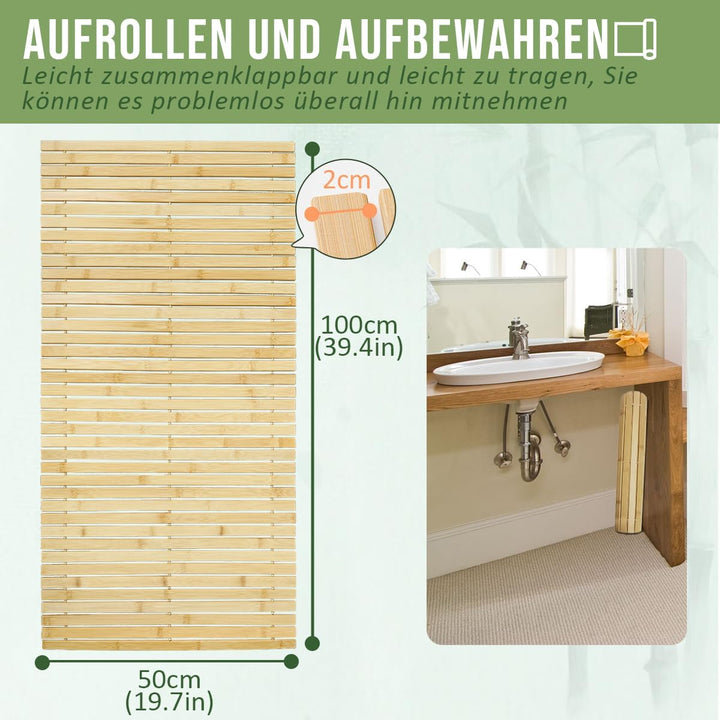 Badematte Holz Sauna Bodenrost Rollrost Fussmatte aus Bambus 100 x 50 cm, Sauna Türmatte Rollrost Fu