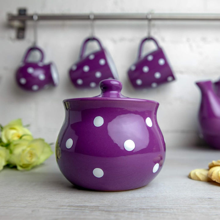 City to Cottage® - Keramik Geschirr Zuckerdose | Lila und Weiss | Polka Dots | Handgemacht | Keramik