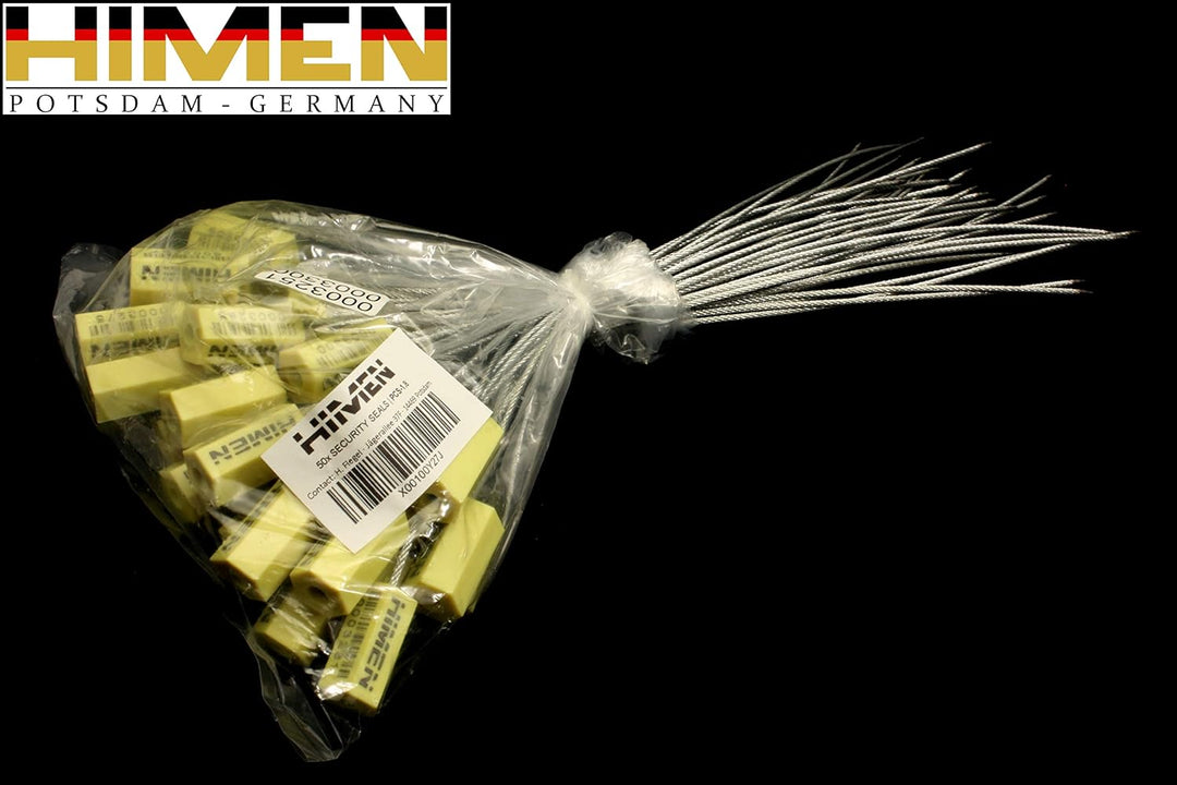 50x PLOMBEN aus Metall mit Drahtseil von HIMEN | Länge 280 mm | fortlaufend nummeriert | mit BARCODE