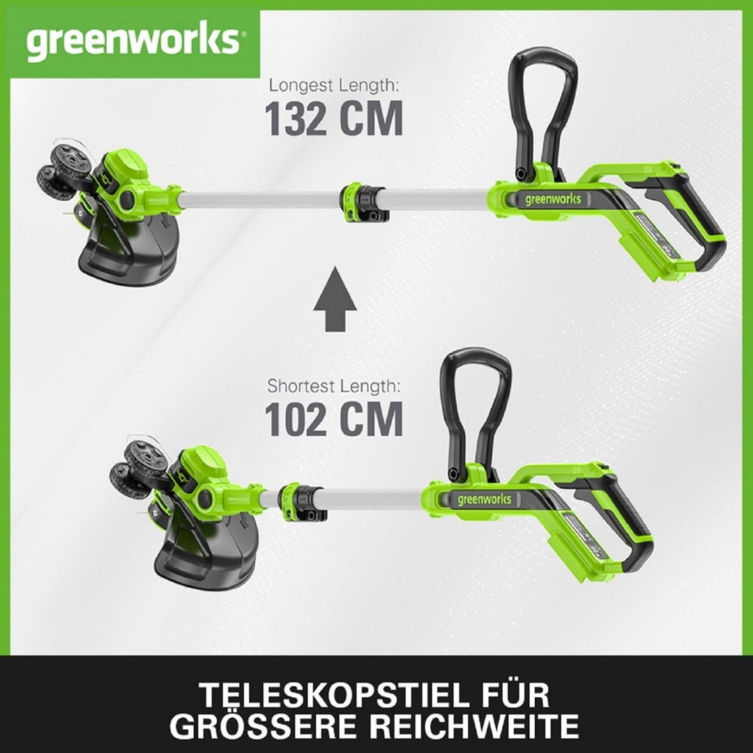 Greenworks 40V Akku Rasentrimmer & Kantenschneider mit Rad für klein-mittelgrosse Gärten, 33m Schnit