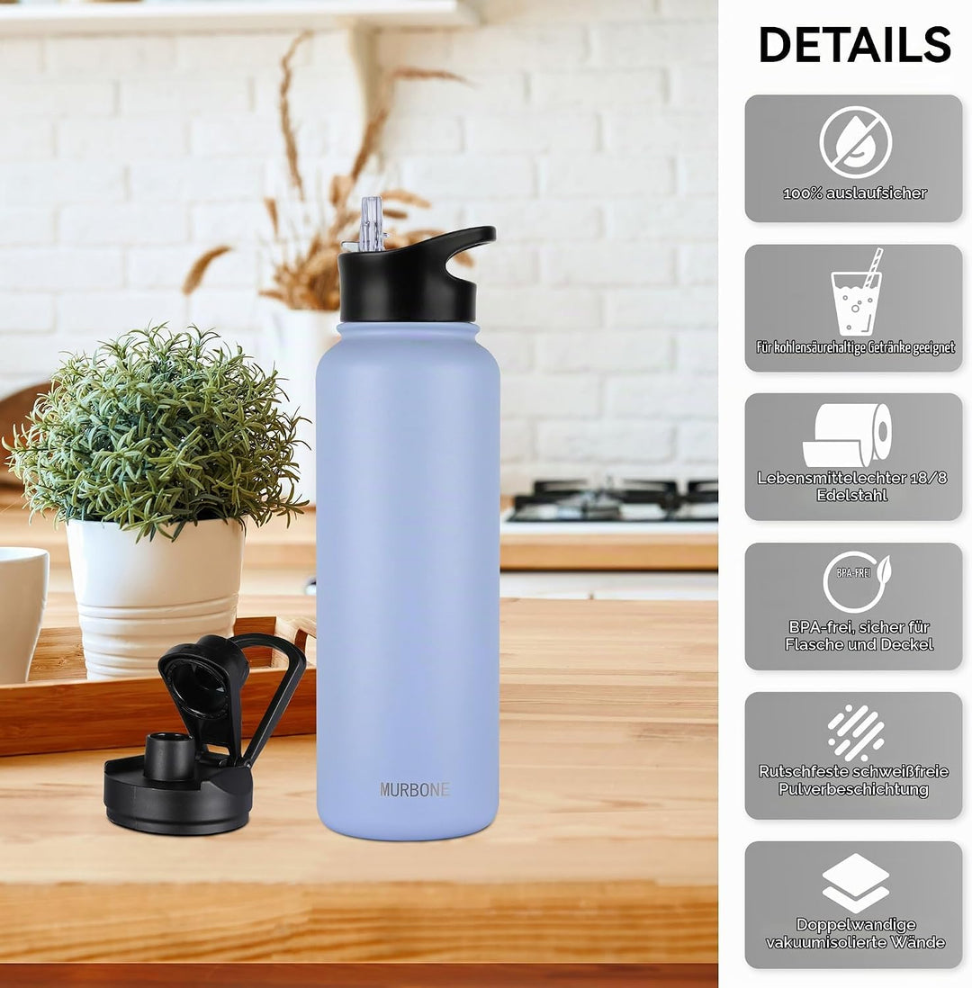Edelstahl Trinkflasche 1.2L (+2 Deckel)-mit Strohhalm,BPA frei,Thermosflasche Auslaufsicher,Kohlensä