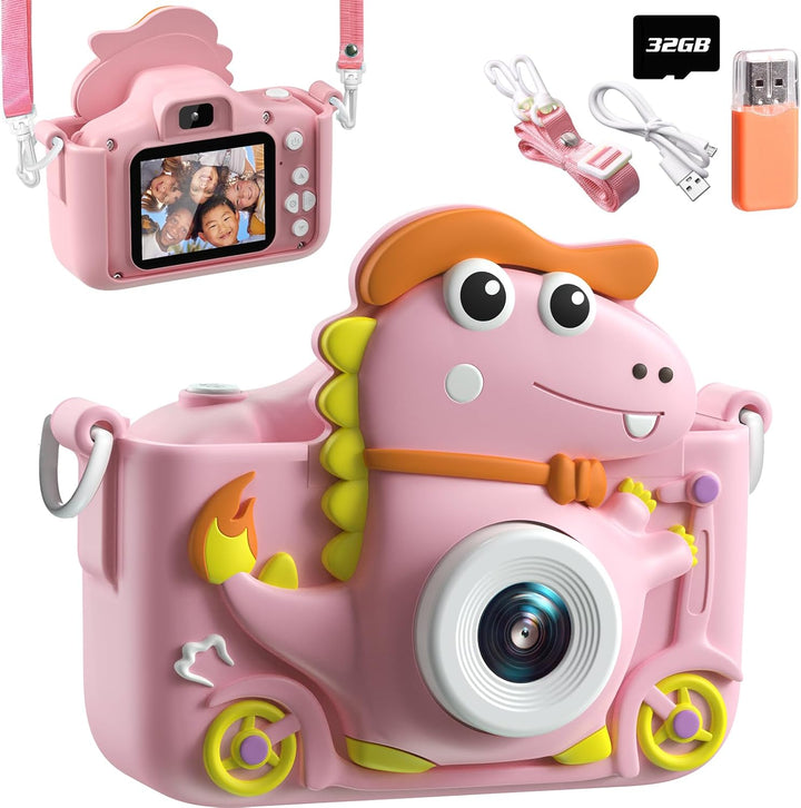 Kinderkamera Dinosaurier, Kinder Kamera 2" Display 1080P, Selfie Digitalkamera Kinder mit 32GB, Foto