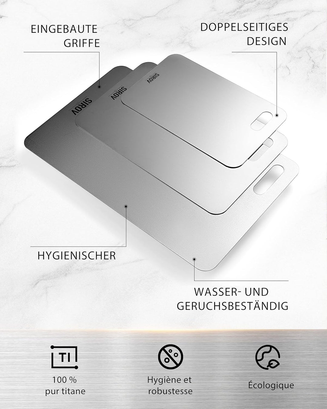 Titan Schneidebrett 3er Set, 100% reines Titan, lebensmittelecht, BPA-frei, hitzebeständig und langl