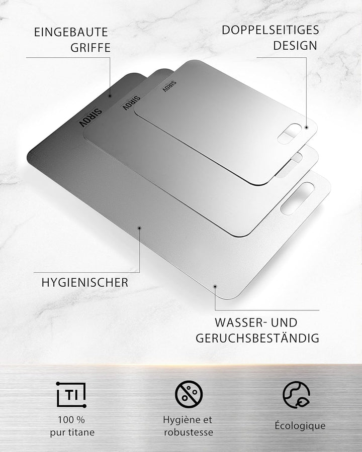 Titan Schneidebrett 3er Set, 100% reines Titan, lebensmittelecht, BPA-frei, hitzebeständig und langl