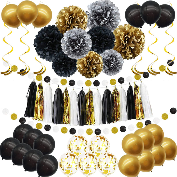 Party Dekoration Set, 57 Stück Schwarz Gold Party Deko, Luftballons, DIY Party Papier Pompoms Blumen