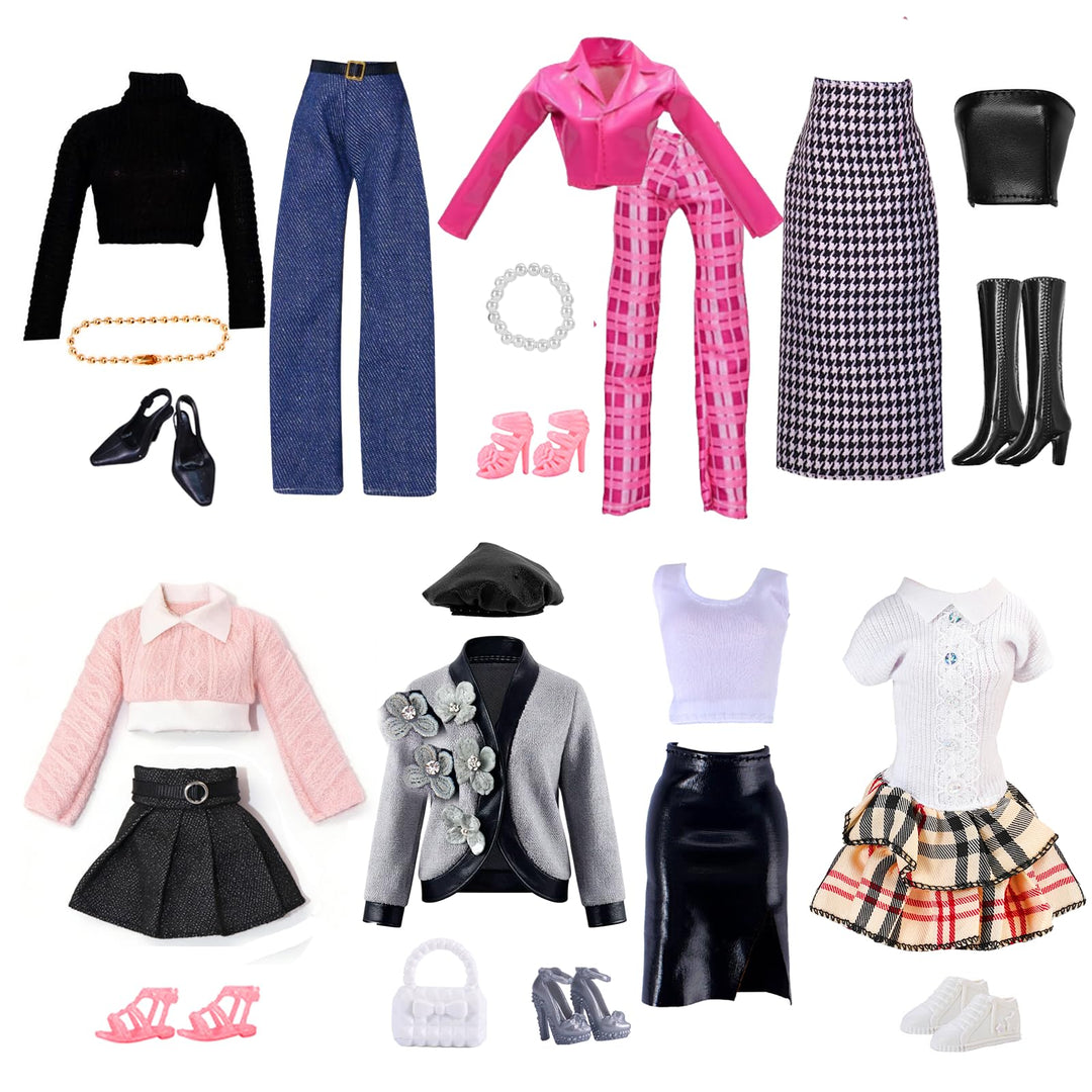 22 Stück Kleidung Kompatibel mit Barbie 11,5 Zoll Puppen Puppenoutfits, Modesets, Preppy-Set, Lederj