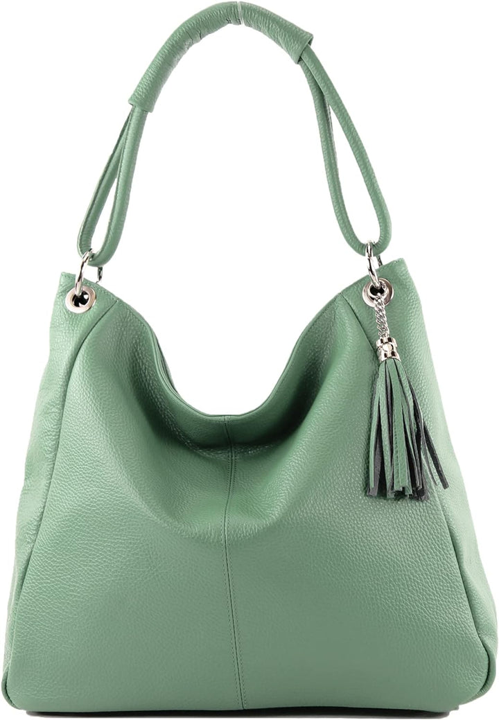 modamoda de - T165 - ital Schultertasche Gross Shopper Leder Graugrün, Graugrün
