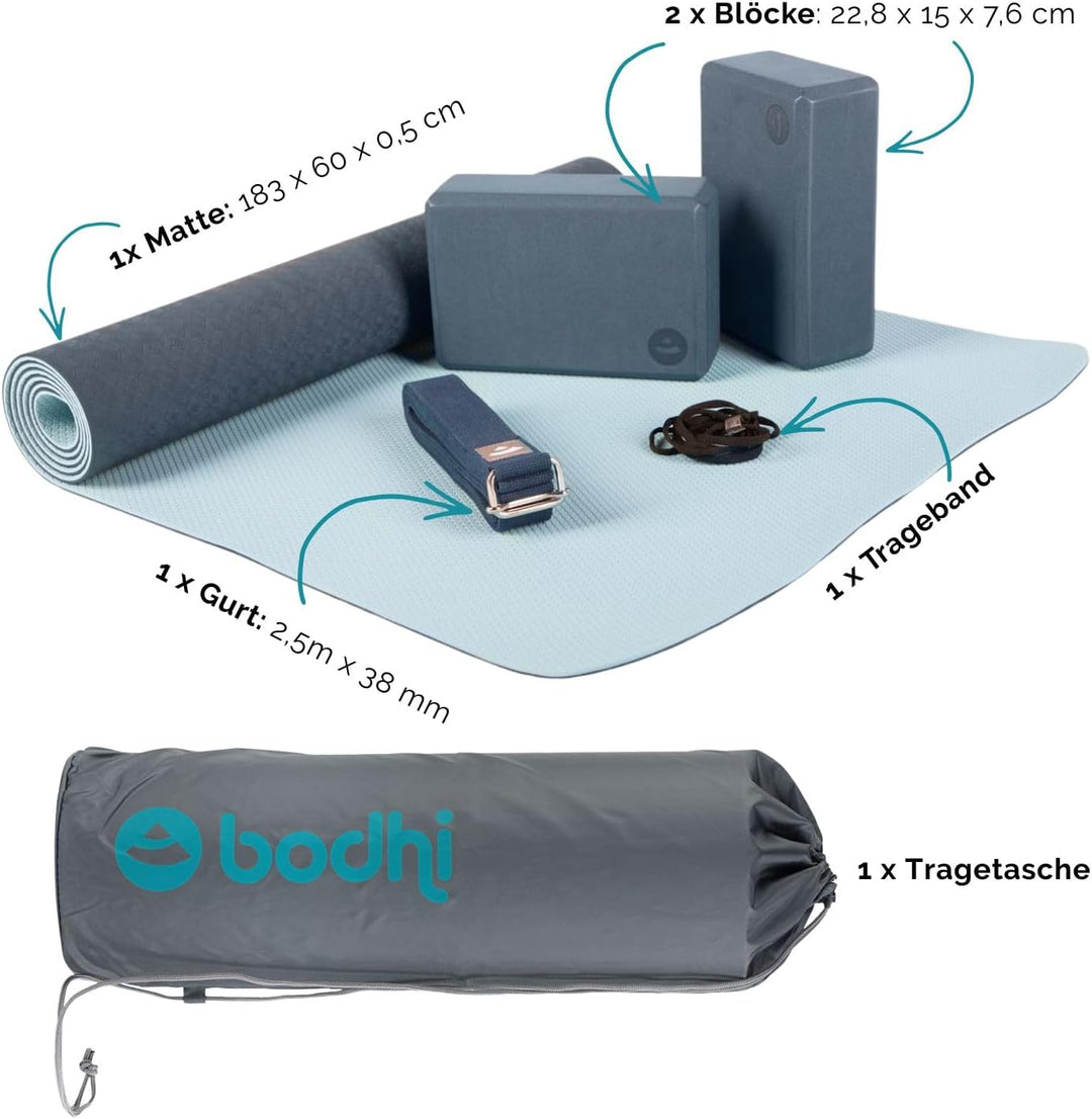 Bodhi Yoga Starter-Set Komplett | Set bestehend aus: 1 Yogamatte aus TPE, 2 Yoga-Bricks aus Eva (Moo