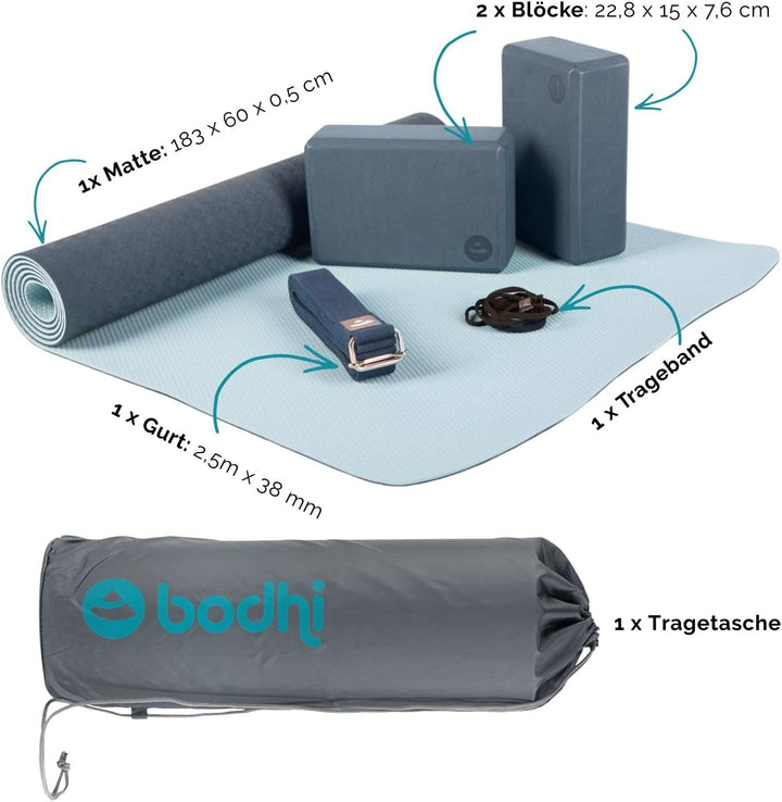 Bodhi Yoga Starter-Set Komplett | Set bestehend aus: 1 Yogamatte aus TPE, 2 Yoga-Bricks aus Eva (Moo