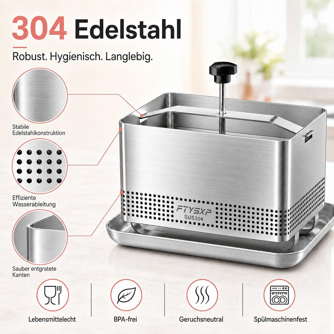 Tofupresse Edelstahl 304, verstellbare Tofu Presse mit Abtropfschale & Käsetuch, BPA-frei, spülmasch