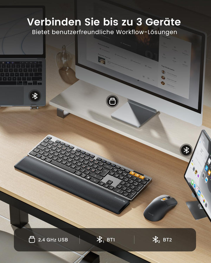 ProtoArc Kabellos Tastatur Maus Set, KM60 Full-Size Bluetooth Tastatur und Maus mit Handballenauflag