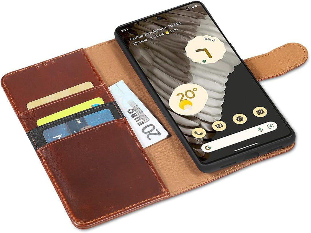 LENSUN Echtleder Hülle für Google Pixel 7 Pro, Handyhülle [Echtes Leder] [Magnetverschluss] Flip Han