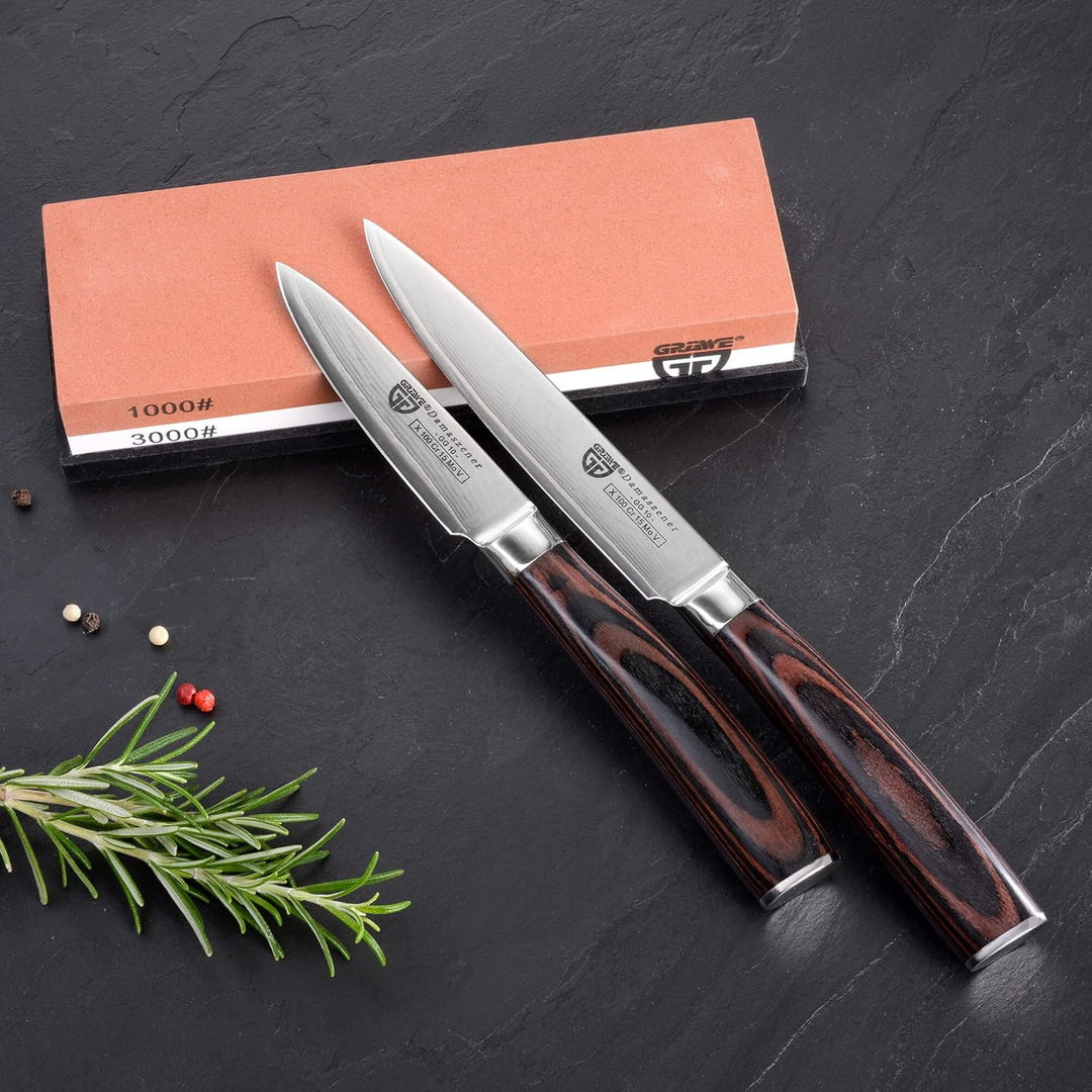 GRÄWE Damastmesser-Set 3-teilig - Allzweckmesser, Schälmesser, Wetzstein 1000/3000