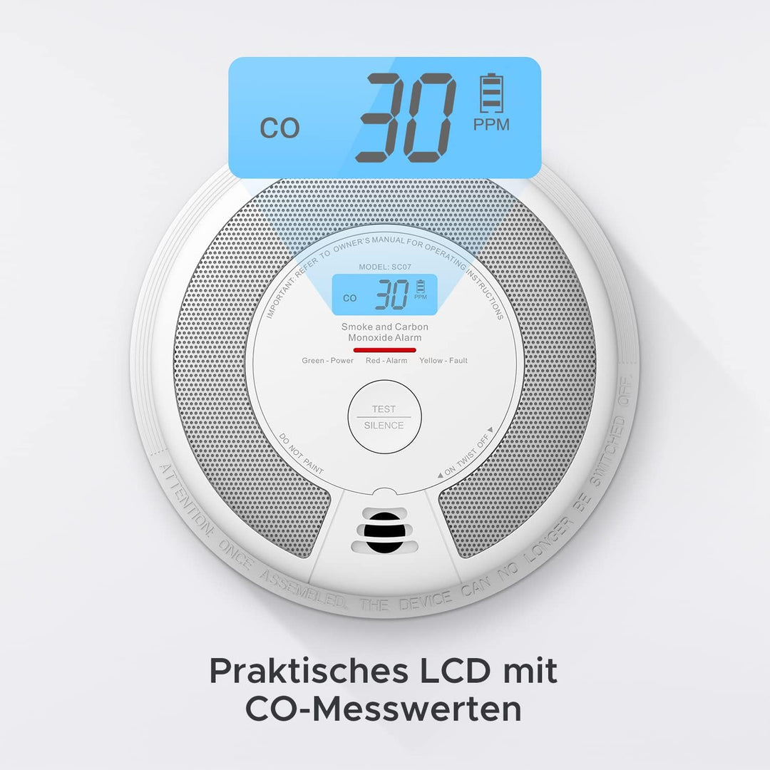 X-Sense Rauch-CO Melder 10 Jahrer Rauch-und Kohlenmonoxid-Melder, mit LCD Anzeige und Prüftaste, 360