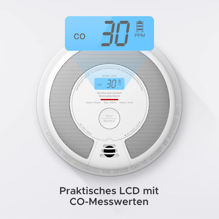 X-Sense Rauch-CO Melder 10 Jahrer Rauch-und Kohlenmonoxid-Melder, mit LCD Anzeige und Prüftaste, 360