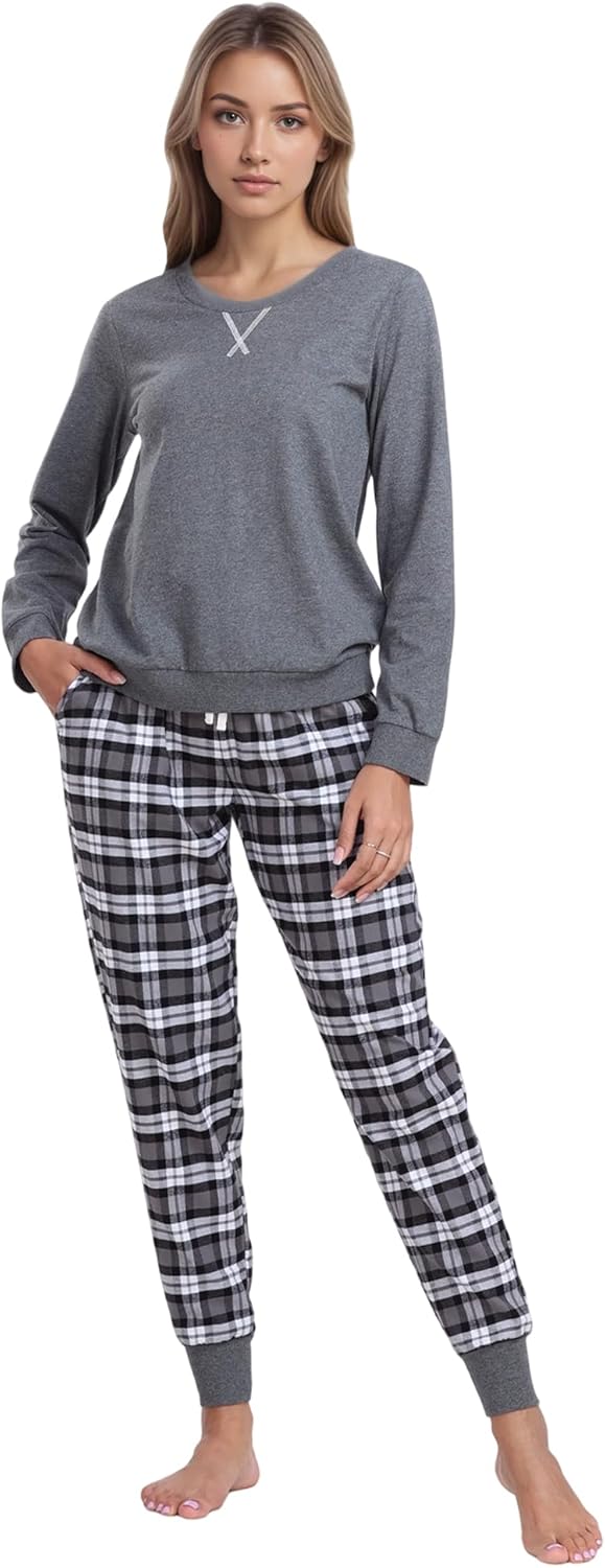 Mnemo Schlafanzug Damen 100% Baumwolle Bequemer Pyjama Damen Baumwolle mit Karomuster S Grau & Schwa