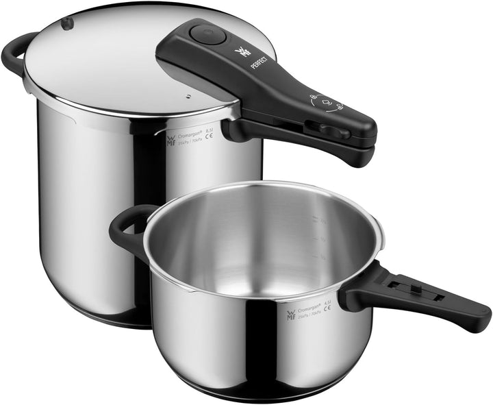 WMF Perfect Schnellkochtopf Set Induktion 2-teilig, Dampfkochtopf 8,5l + 4,5l mit Einsatz, grosses K