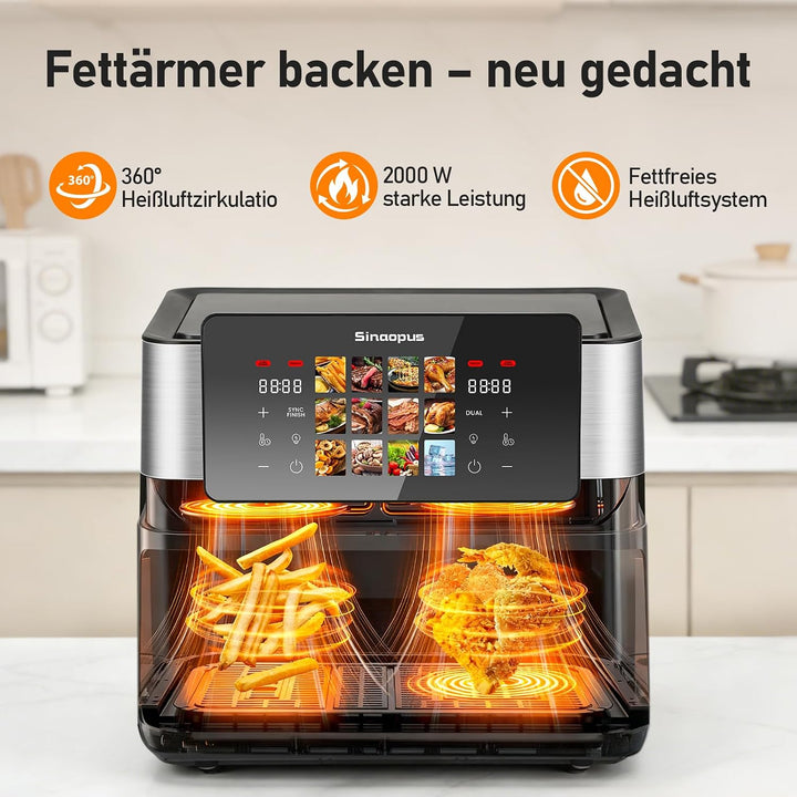 Air Fryer 9L 2000 W, Heissluftfritteuse 2 Kammern mit kühlem Griff | Digitaler Touchscreen, Sichtfen