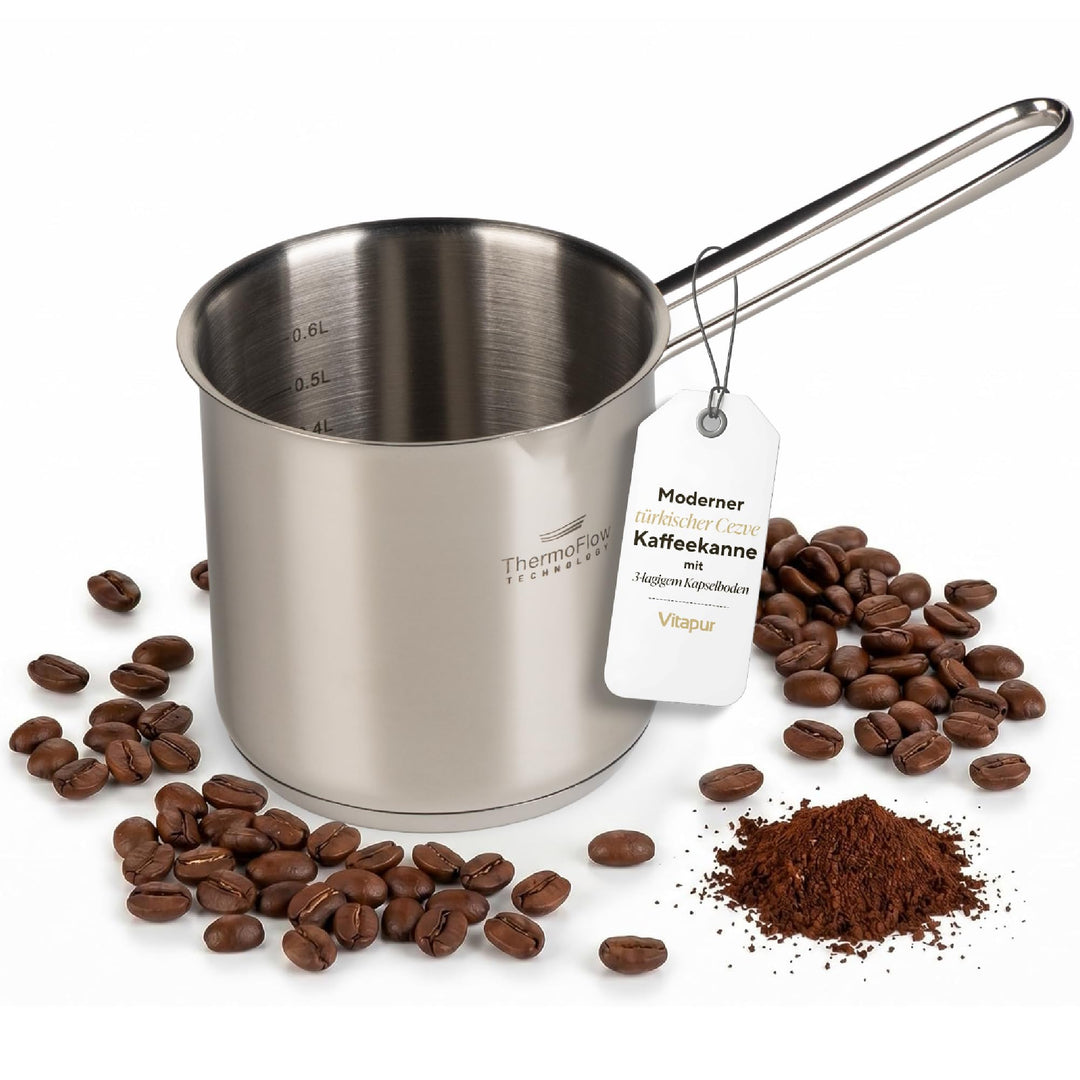 ROSMARINO Edelstahl-Induktions-Mokka-Kanne 1225 ml - model - 2025 - Moderne Türkische Cezve-Kaffeeka
